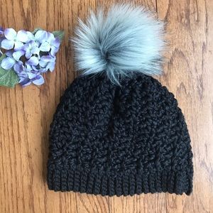 Slouchy Crochet Beanie Pom Pom Black Chunky Hat